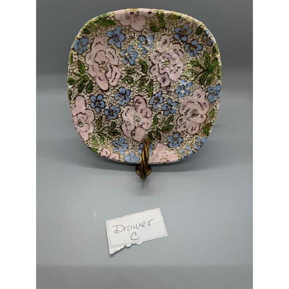 Signed Pottery Bay View 5” Plate Gold Raised Paint with Pink and Blue Flowers - Picture 5 of 9